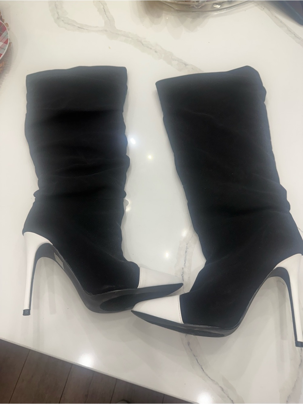 Black and White Pointed Toe Stiletto over the knee Boots